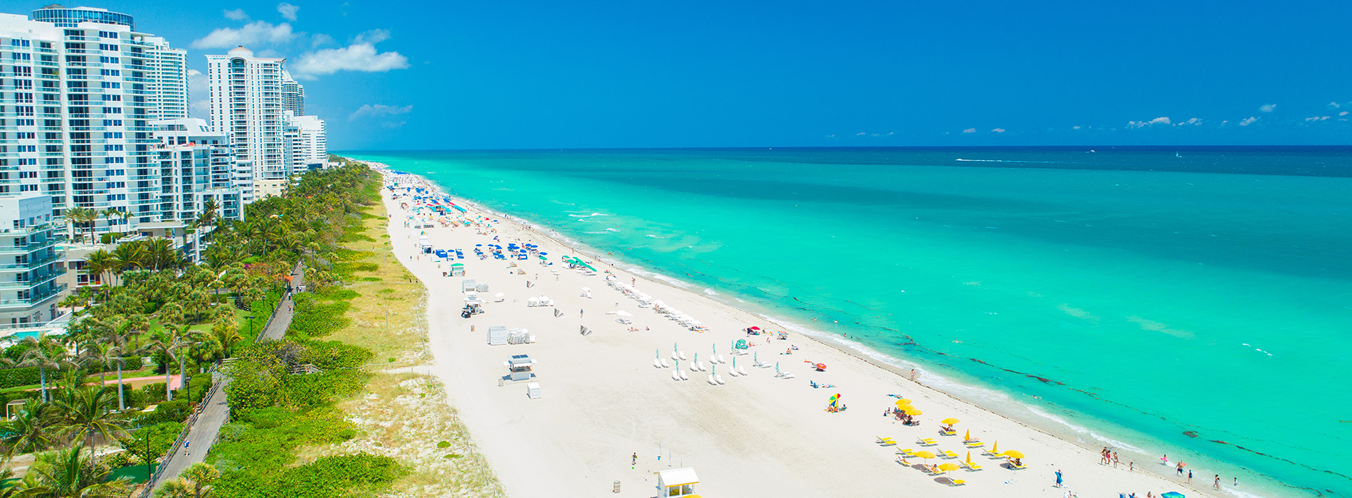 A vibrant beach scene with a clear blue sky, sandy shoreline, palm trees, ocean waves, colorful umbrellas, and buildings in the background.