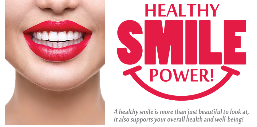 The image displays a close-up of a person s face with red lipstick applied, featuring a logo for  Healthy Smile Power  on a white background.